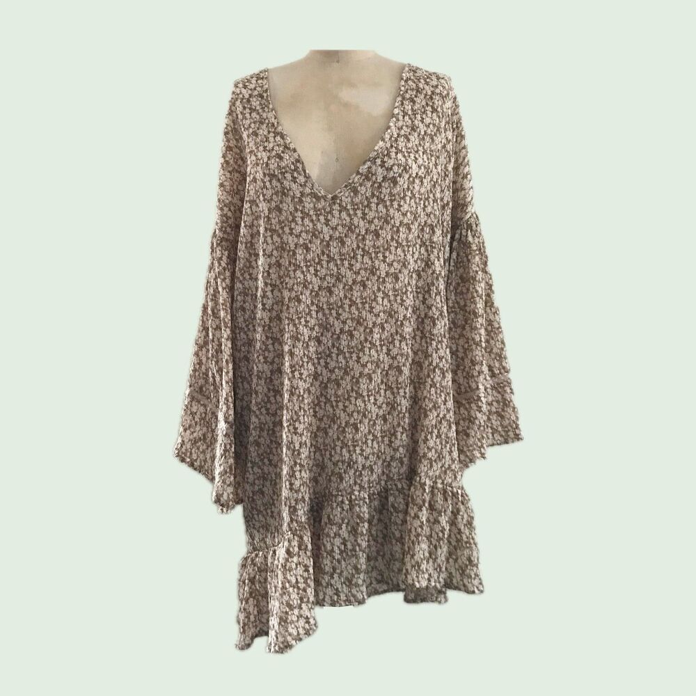 Storia Beige Neutral Tan Floral Chiffon V Neck Oversized Boho Mini Dress - S